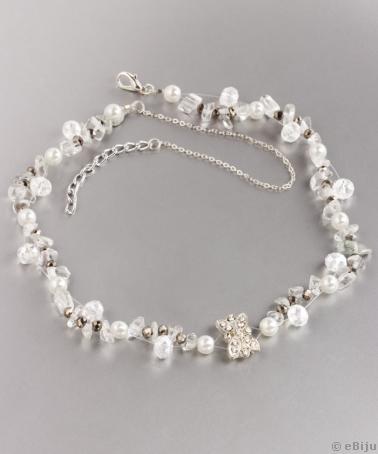 Colier din perle de sticlă albe, cu cristale