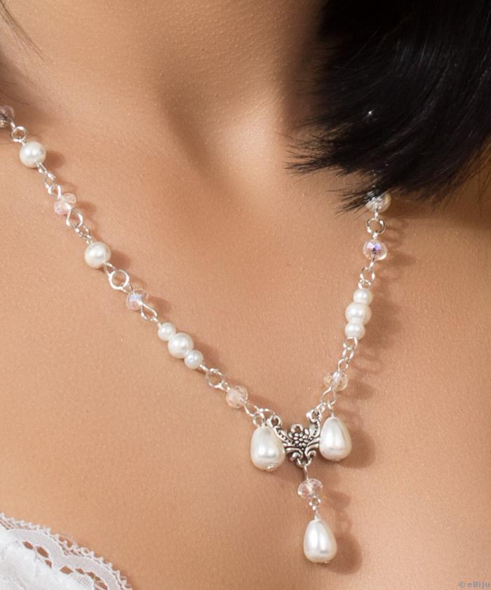 Colier din perle de sticlă albe, cu cristale rondelle