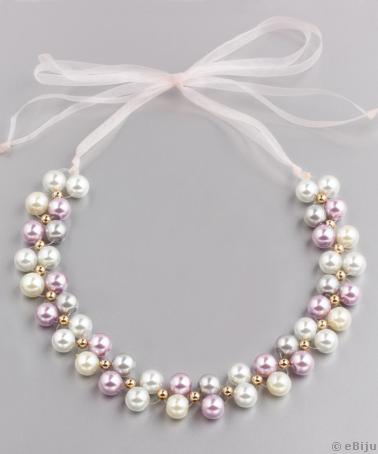 Colier din perle de sticlă, cu panglică roz