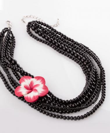Colier din perle de sticlă negre, cu floare fimo alb-roşu