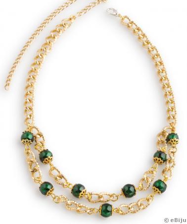 Colier dublu auriu cu perle de sticlă verzi