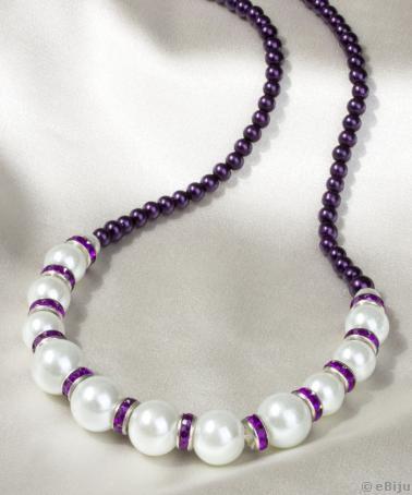 Colier elegant mov cu alb, din perle si strasuri