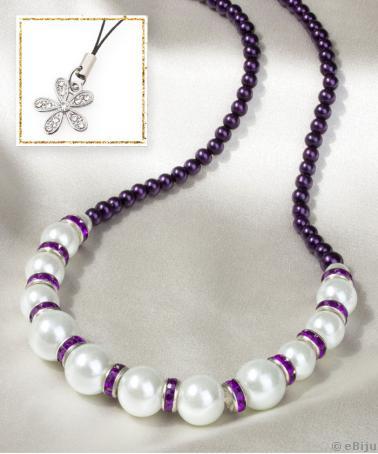 Colier elegant mov cu alb, din perle si strasuri