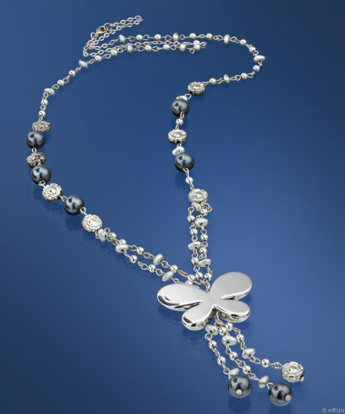 Colier fluture argintiu cu perle de sticla