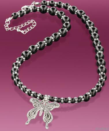 Colier fluture, metal argintiu cu perle de sticla negre 