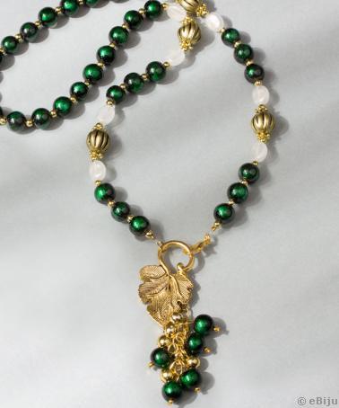 Colier în formă de Y, din perle de sticlă imitaţie smarald verde