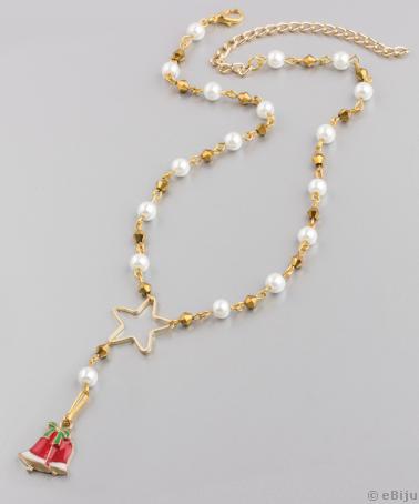 Colier lung auriu, cu perle de sticla si figurina
