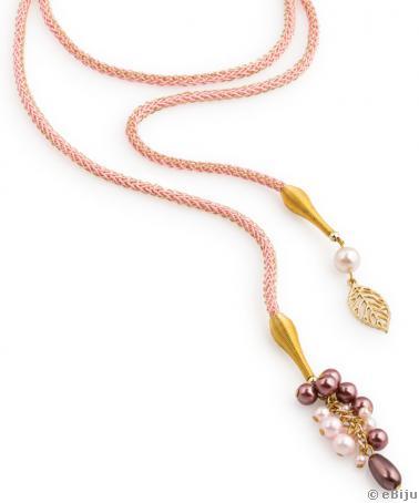 Colier lung din şnur textil, cu perle de sticlă