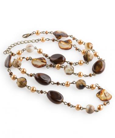 Colier maro-auriu din sidef, perle de sticlă şi cristale