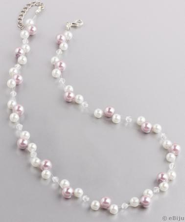 Colier perle de sticlă albe, mov pudră şi cristale