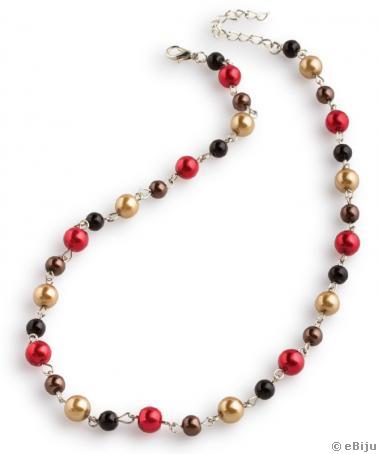 Colier perle de sticlă maro, auriu, roşu şi negru