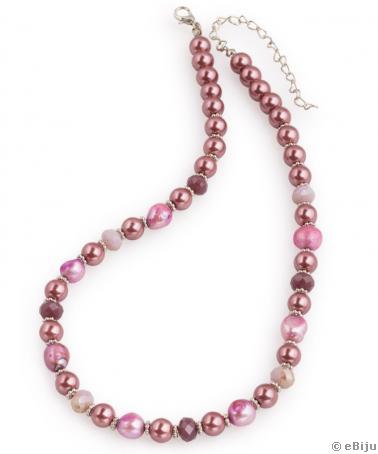Colier roz cu perle de cultura si de sticla