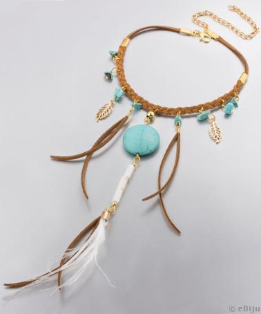 Colier stil boho chic cu pene si howlite