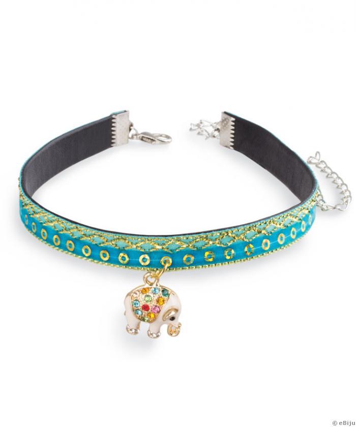 Colier tip choker catifea turcoaz-auriu cu elefant