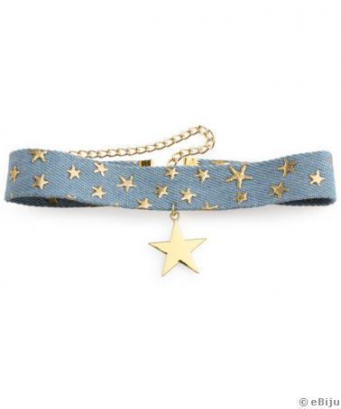 Colier tip choker din material denim albastru, cu steluţe aurii