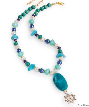 Colier turcoaz-albastru, din perle şi cristale