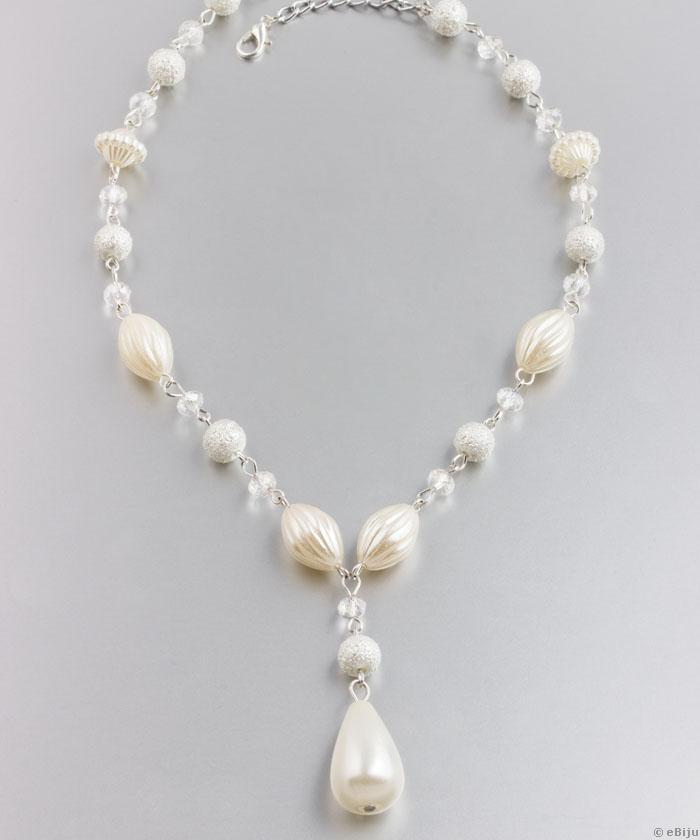 Colier Y din mărgele ovale şi perle de sticlă