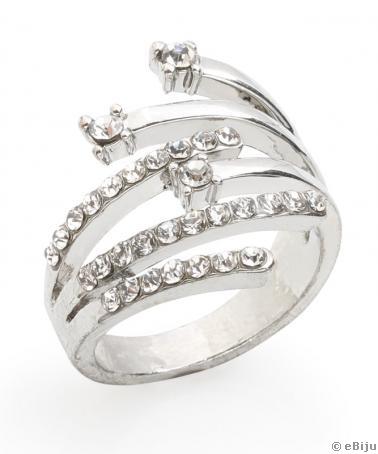 Inel argintiu cu cristale, formă abstractă