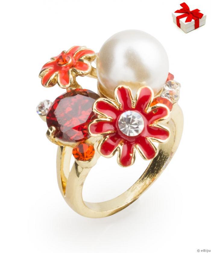 Inel auriu cu perlă albă și floricele din elemente Swarovski