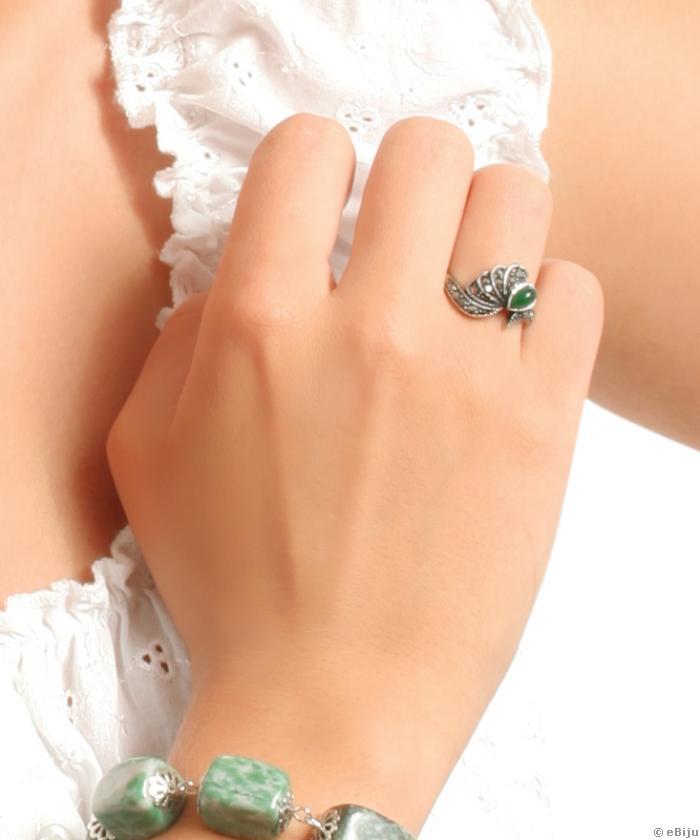 Inel evantai, cu piatră verde și cristale crom