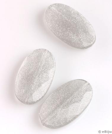 Mărgea acrilică, ovală, gri cu sclipici, faţetată, 2 x 3.5 cm