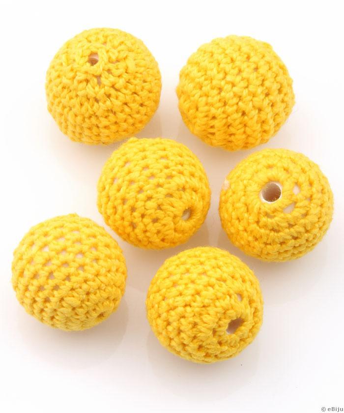 Mărgea textilă, sferică, croşetată, galbenă, 2.1 cm