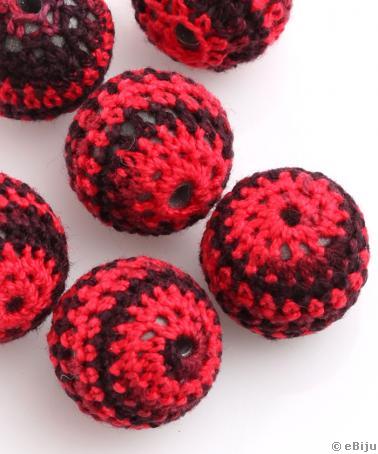 Mărgea textilă, sferică, croşetată, roşu-negru, 2.1 cm