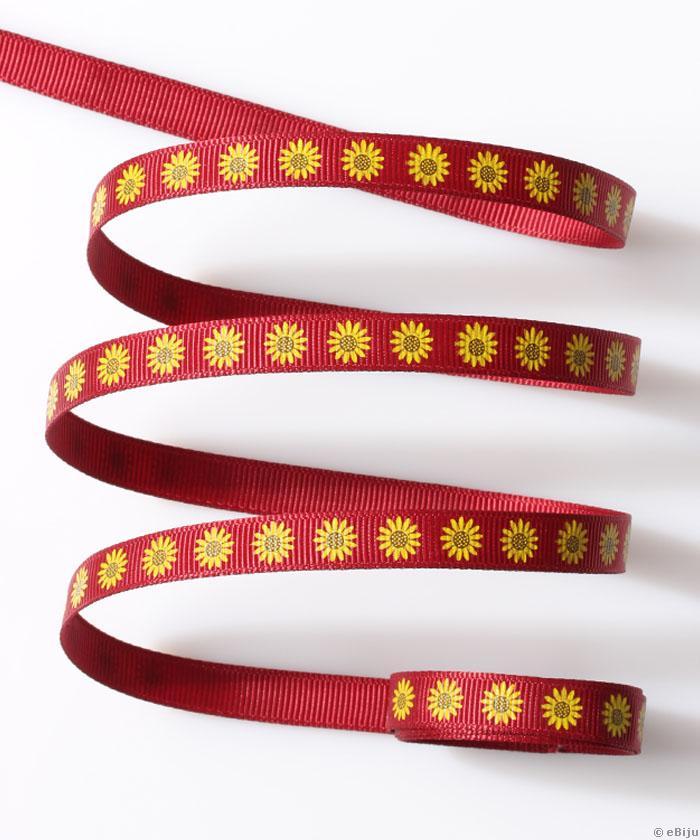 Panglică textilă, bordo, cu flori, 1 cm