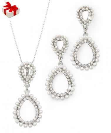 Set lanț cu pandantiv şi cercei din elemente Swarovski şi perle de sticlă, argintiu-alb