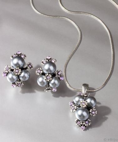 Set pandantiv şi cercei cu flori din perle de sticlă gri