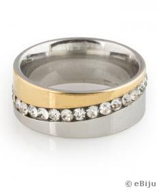 Arany-ezüst színű, rozsdamentes acél gyűrű, sor kristályokkal