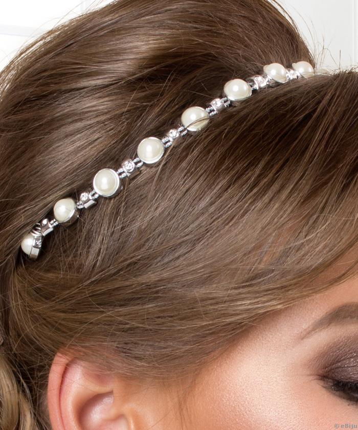 Bijuterie de păr din elemente argintii cu perle de sticlă crem