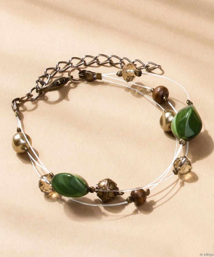 Brăţară cu perle de sticlă bej-aurii, cristale şi mărgele de lemn