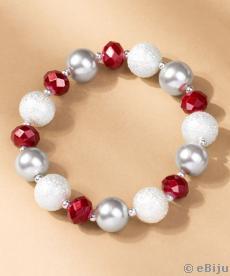 Brăţară cu perle de sticlă gri şi albe, cristale roşii