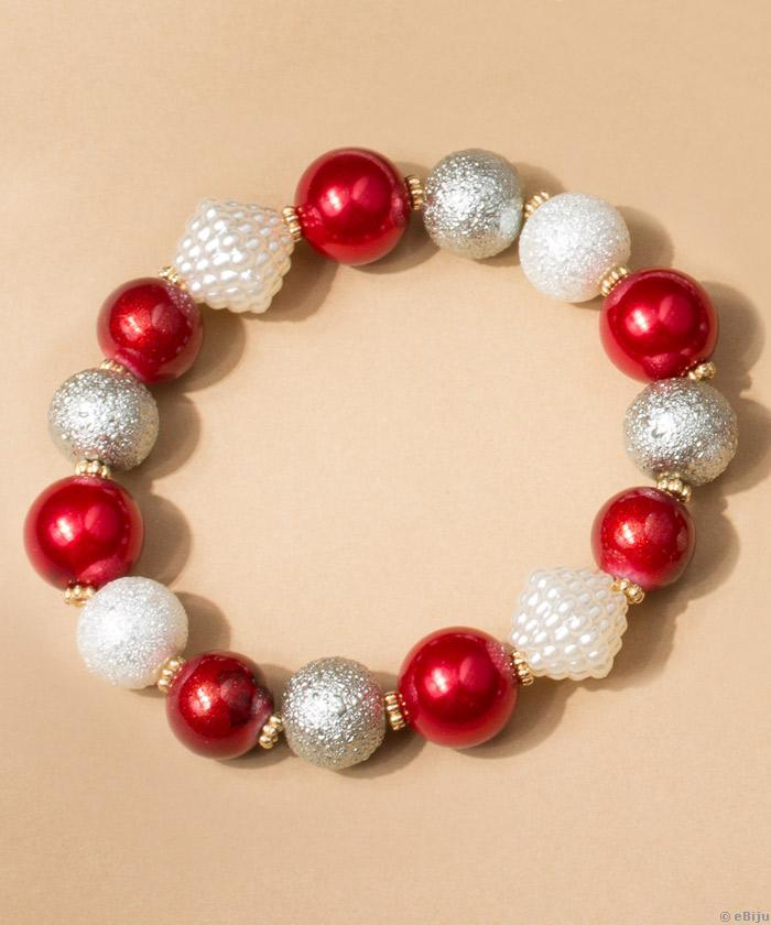 Brăţară din perle de sticlă roşii, albe şi gri