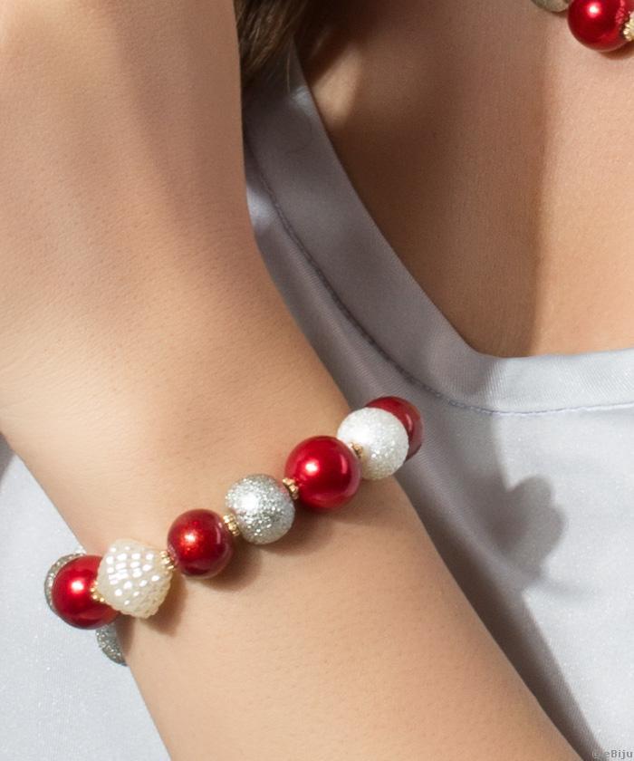 Brăţară din perle de sticlă roşii, albe şi gri