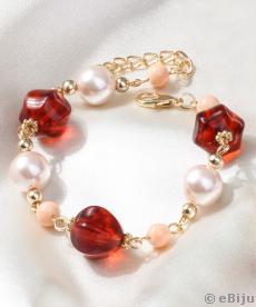 Brăţară din perle de sticlă roz, cu mărgele acrilice vişinii