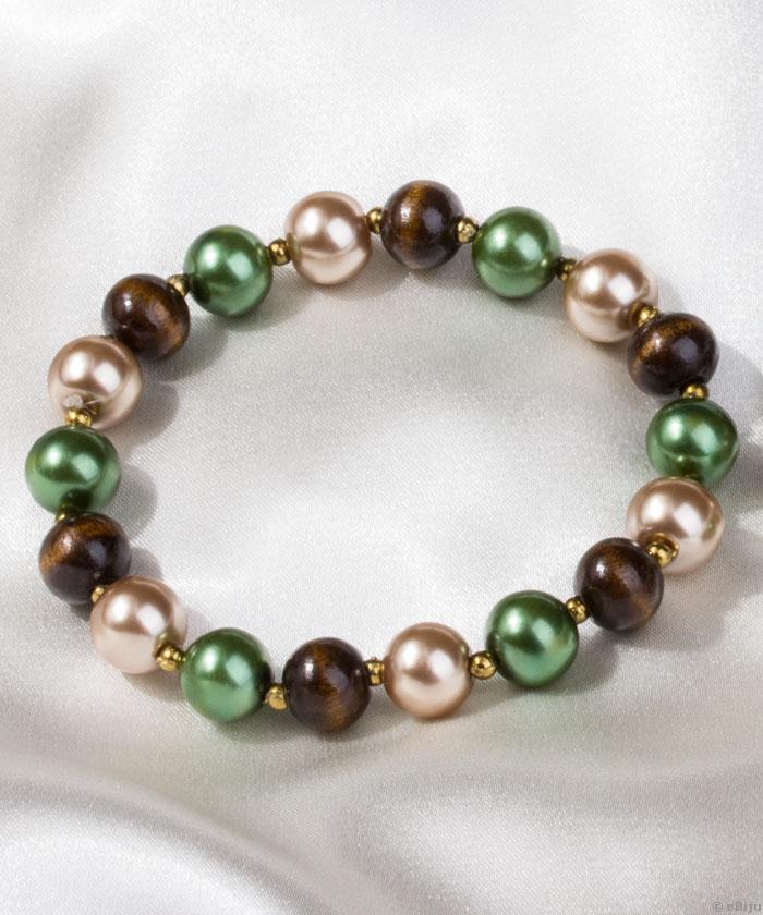 Brăţară din perle verzi, aurii şi mărgele de lemn
