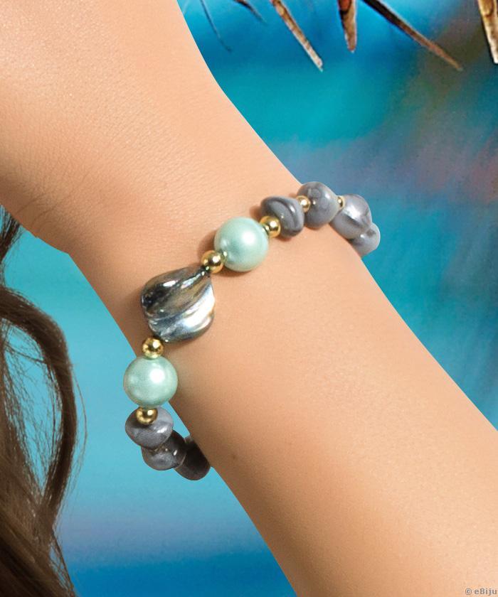 Brăţară din sidef albastru, cu perle şi cristale