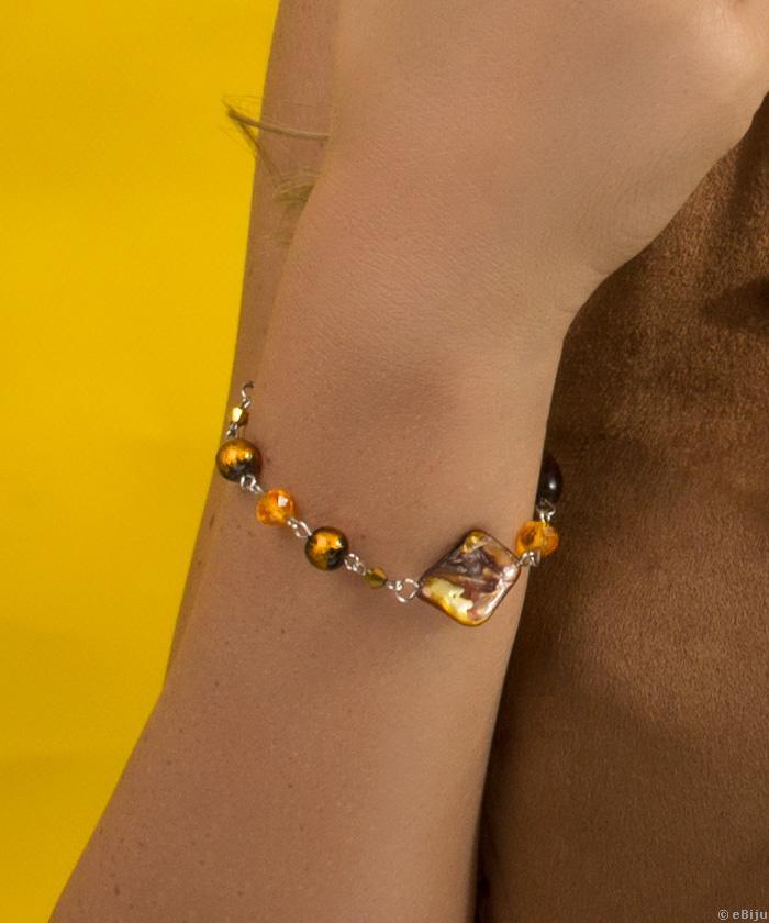 Brăţară din sidef maro-auriu, cristale şi perle de sticlă