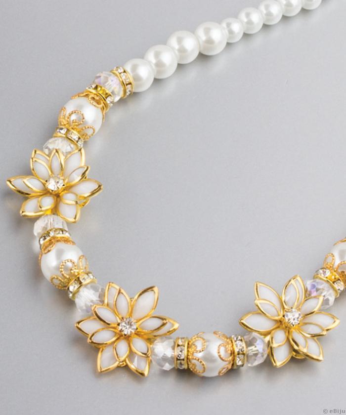 Brăţară flori metalice alb-aurii şi perle albe