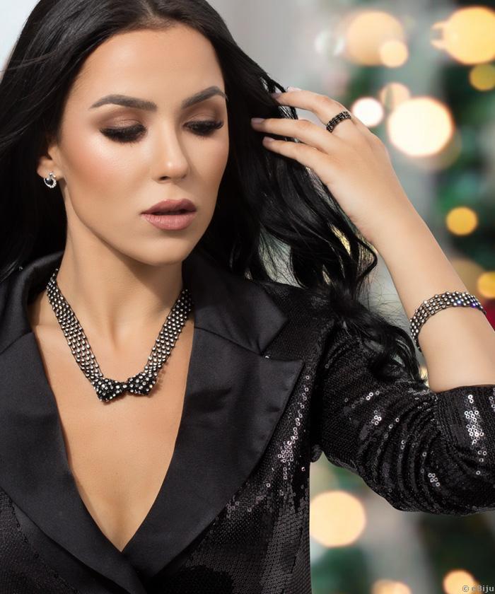 Bratara neagra din material sintetic, cu cristale