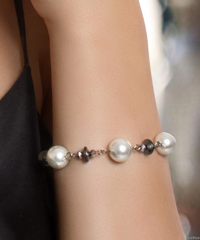 Brăţară perle de sticlă albe, cu mărgele plate de hematit