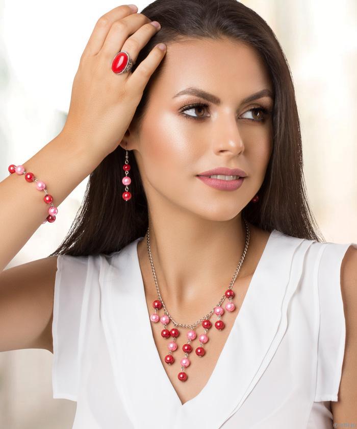 Brăţară perle de sticlă, roz şi roşii