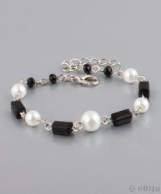 Brăţară perle şi cristale alb-negru