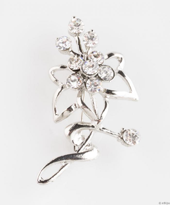 Broșă floare viorea, cu cristale albe, pe metal argintiu