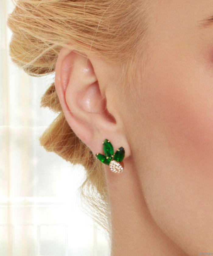 Cercei clips cu frunze din elemente Swarovski verzi