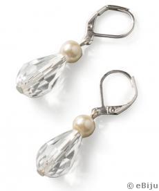 Cercei cristal lacrimă, transparent, cu perle