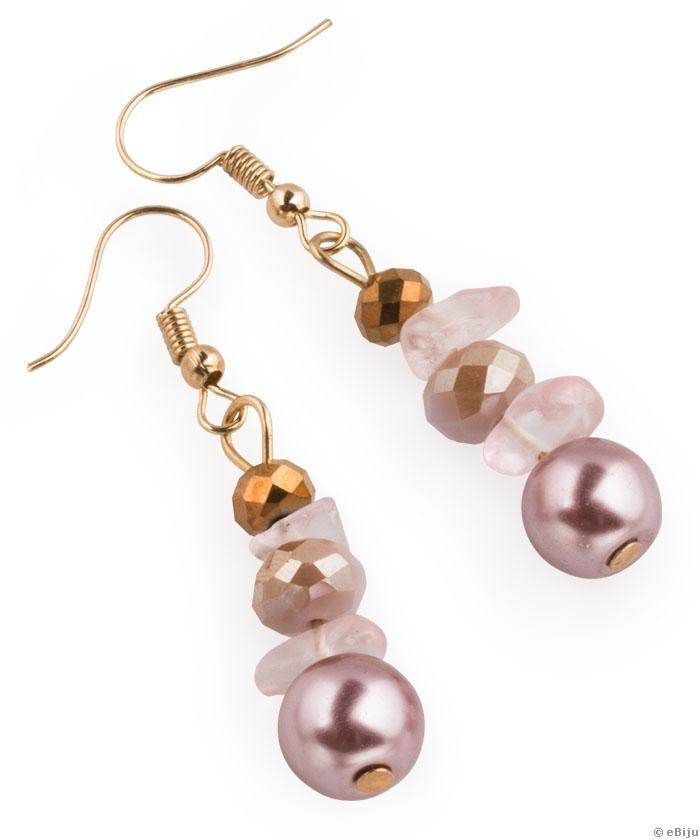 Cercei din chipsuri de sticlă roz, cu perle şi cristale