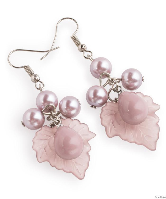 Cercei din perle de sticlă roz prăfuit, cu frunze
